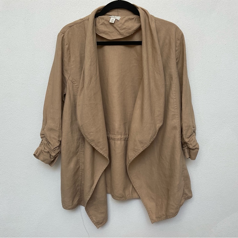 Jules & Leopold Linen Blend Tan Open Front Cinch Arm Cardigan Size Med Boho